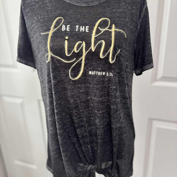 joei & i Tops - Women's NWOT Black Distressed Short-Sleeved T-Shirt Says, "Be the Light" & Verse